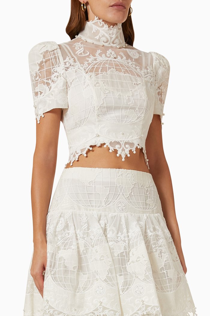 

High Tide Embroidered Bodice Top in Tulle Mesh, White