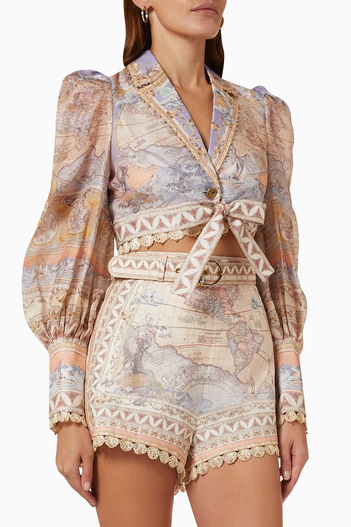 

High Tide Cropped Shirt in Linen Silk Blend, Multicolour