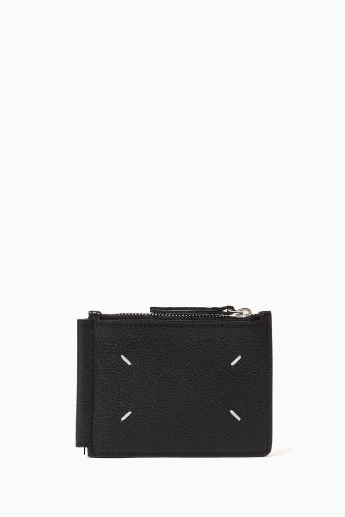 

Four Stitch Bi-fold Card Wallet in Grained Leather, Black