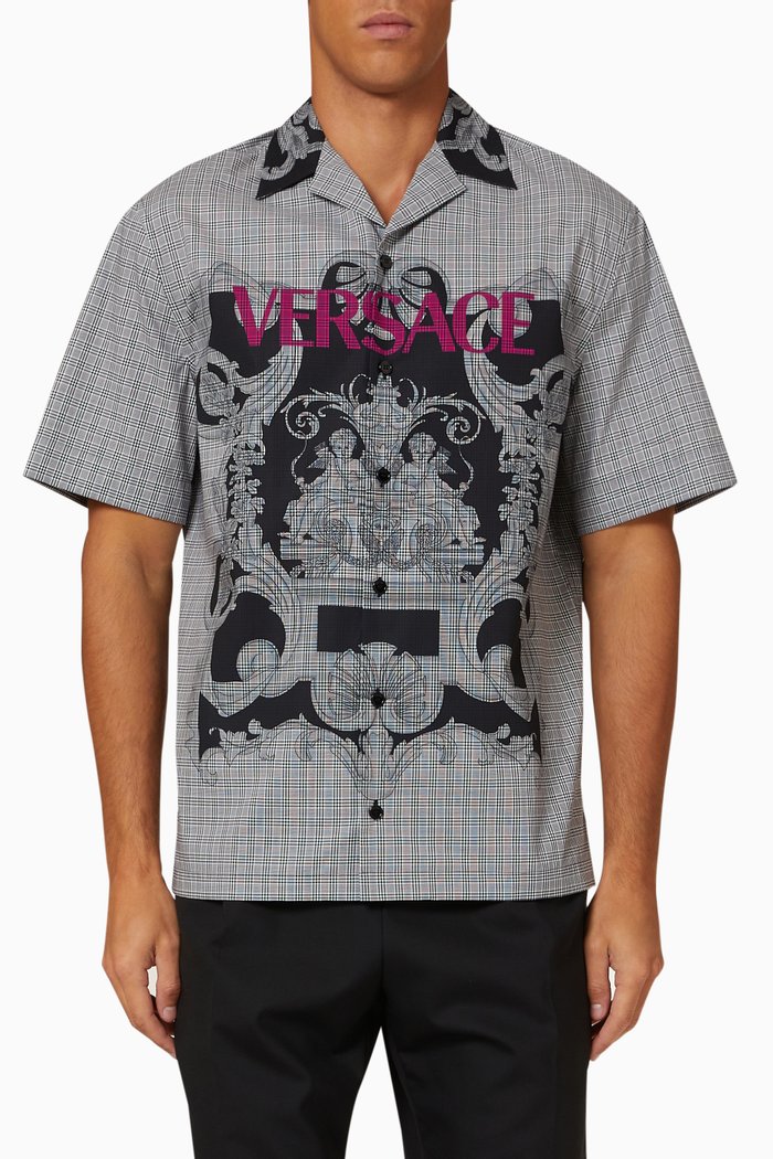 Baroque Checked Logo Bowling Shirt in Cotton Poplin, White