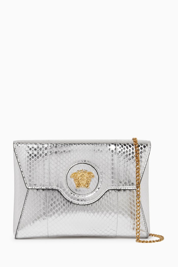 

La Medusa Envelope Clutch in Metallic Leather, Silver