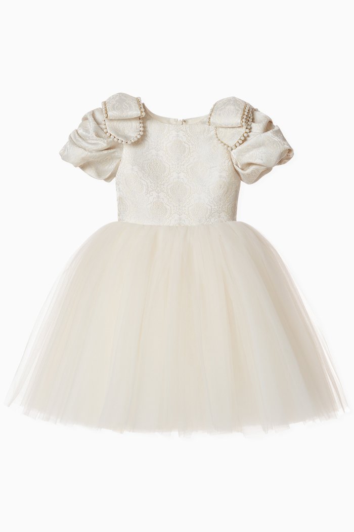 Pearl Bow Dress in Tulle, White
