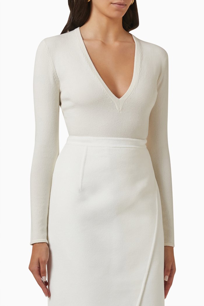 

V-neck Bodysuit in Stretch-cashmere, White