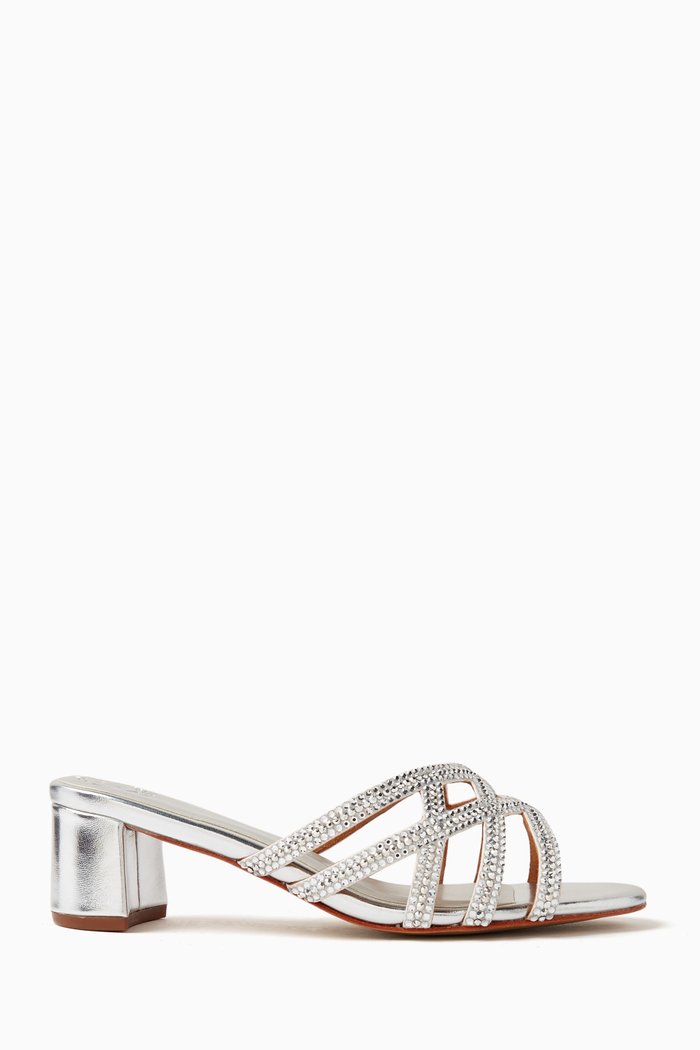 

Amos Crystal Mule Sandals in Metallic Leather, Silver