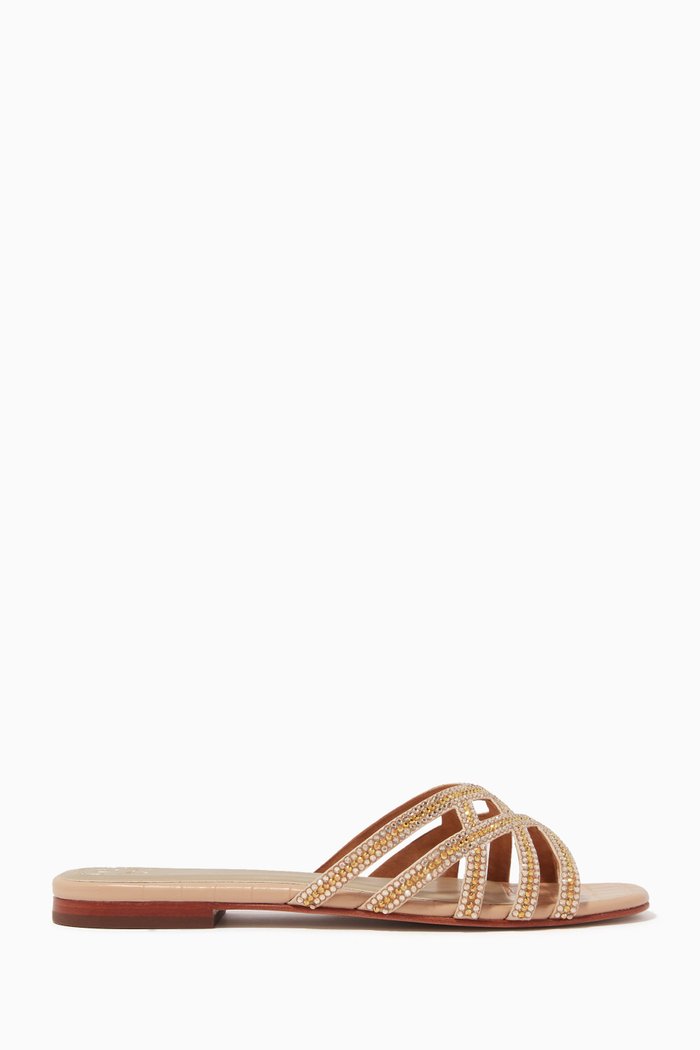 

Zuri Crystal Flat Sandals in Croc-embossed Leather, Neutral