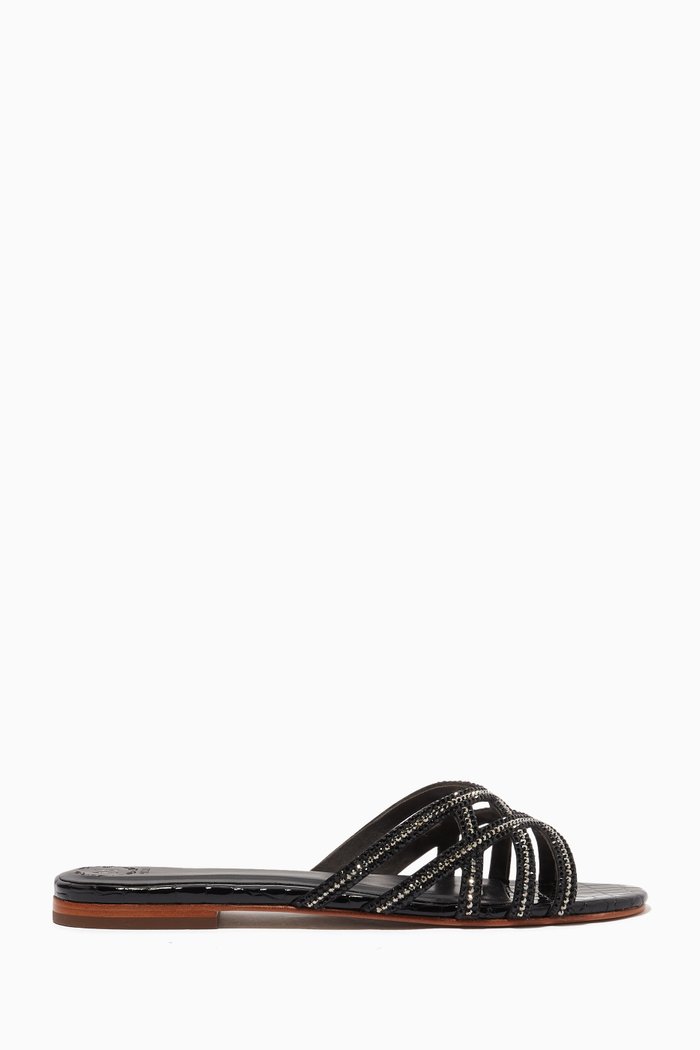 

Zuri Crystal Flat Sandals in Croc-embossed Leather, Black