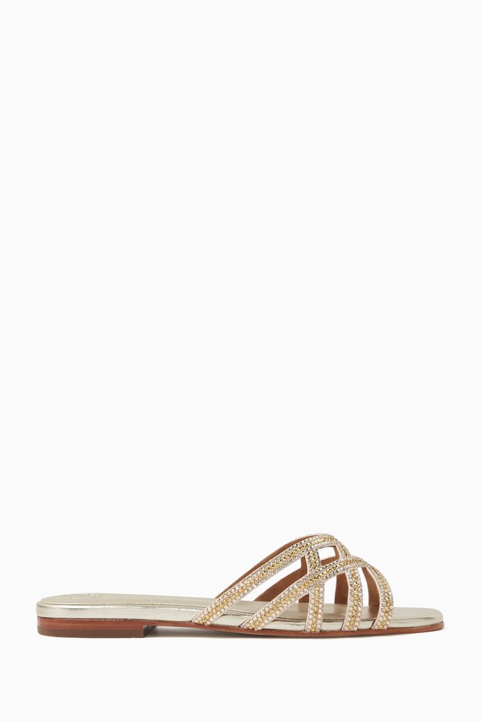 

Amos Crystal Mule Sandals in Snake-print Leather, Gold