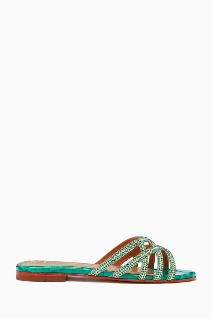 Zuri Crystal Flat Sandals in Croc-embossed Leather, Green