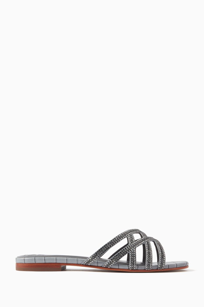 

Zuri Crystal Flat Sandals in Croc-embossed Leather, Grey