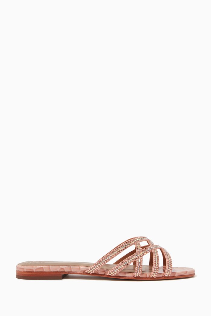 

Zuri Crystal Flat Sandals in Croc-embossed Leather, Pink