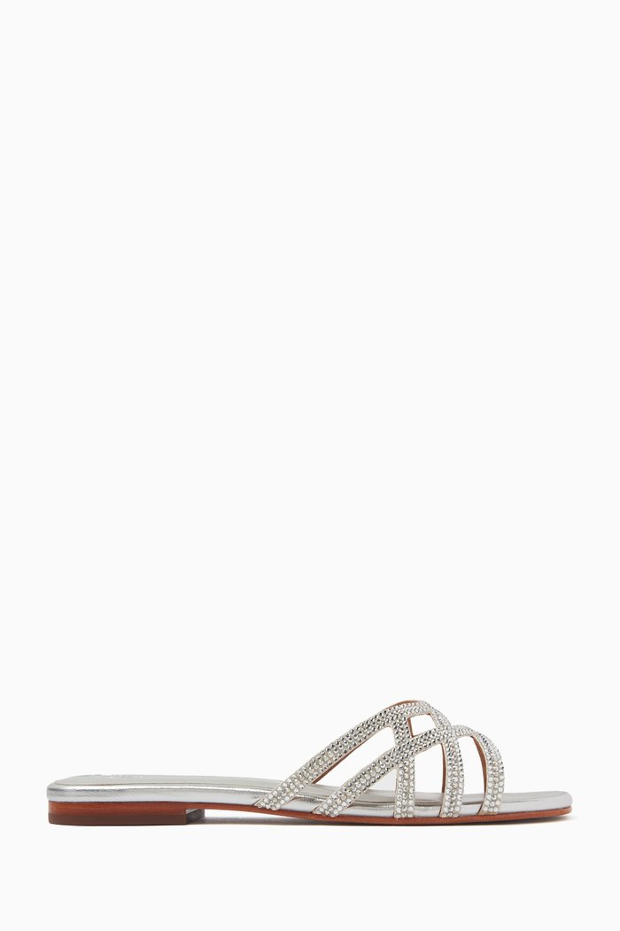 

Zuri Crystal Flat Sandals in Croc-embossed Leather, Silver