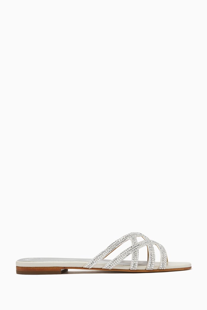 

Zuri Crystal Flat Sandals in Croc-embossed Leather, White