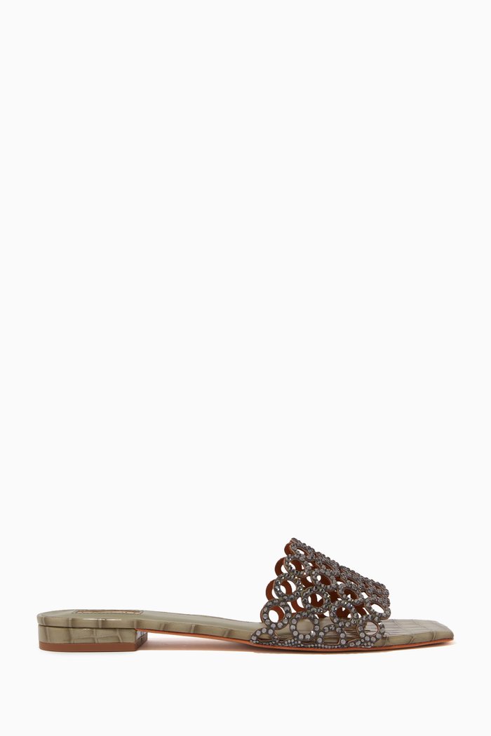

Materna Laser-cut Crystal Flat Sandals in Croc-embossed Leather, Grey