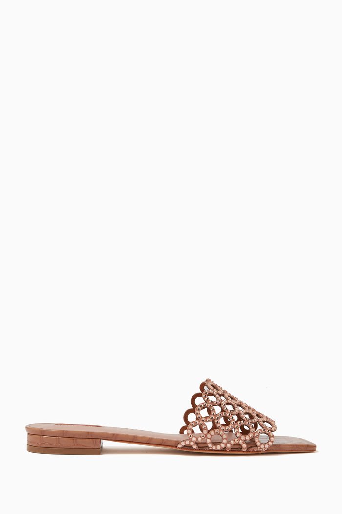

Materna Laser-cut Crystal Mule Sandals in Croc-embossed Leather, Pink