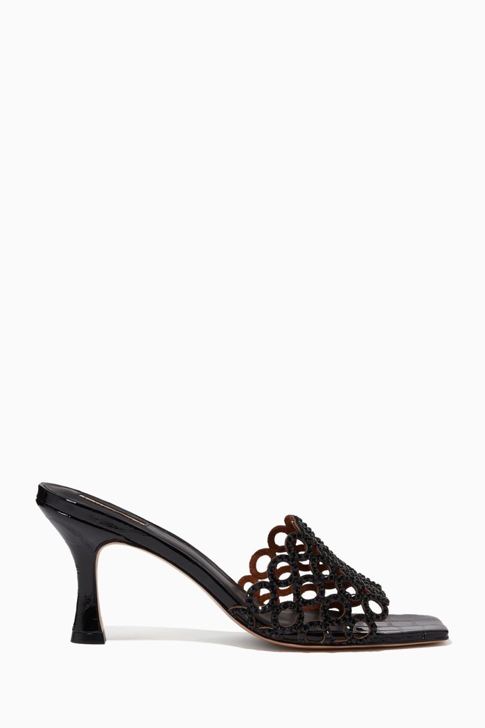 Revello Laser-cut Crystal Mules in Leather, Black
