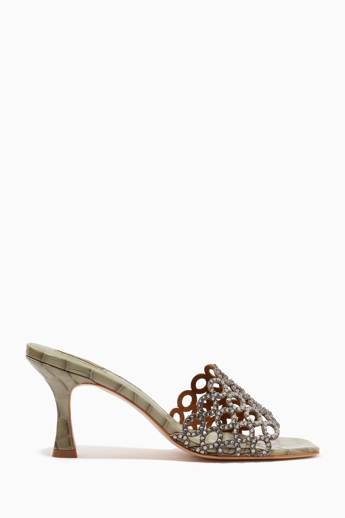 

Revello Laser-cut Crystal Mules in Leather, Grey