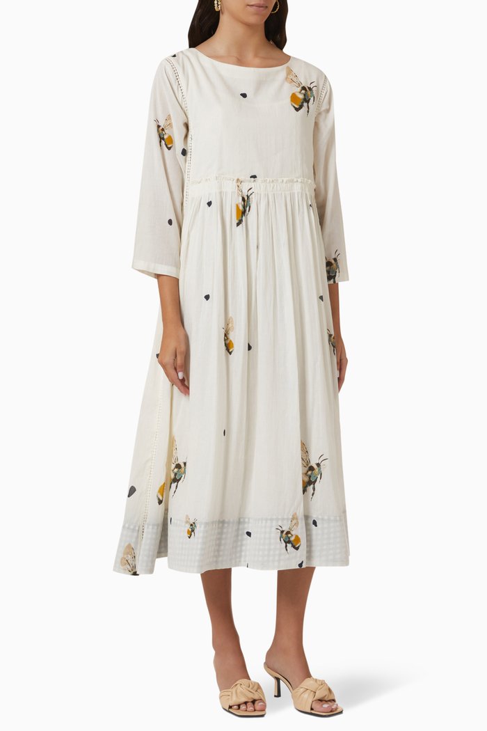Whimsy Printed Midi Dress in Cotton, Neutral