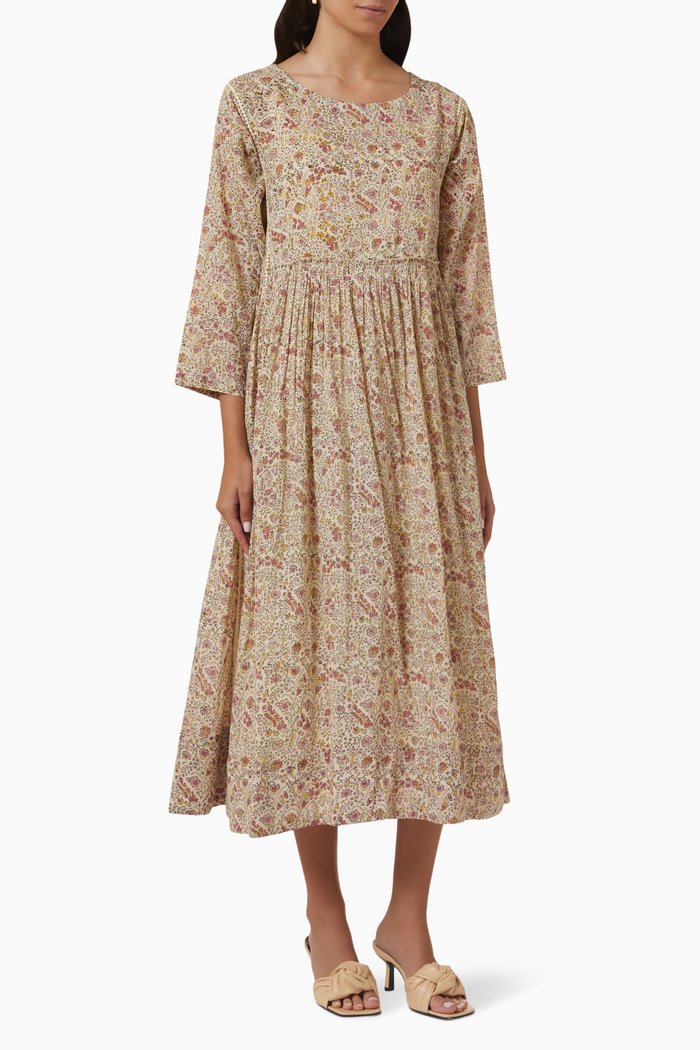 

Whimsy Printed Midi Dress in Cotton, White