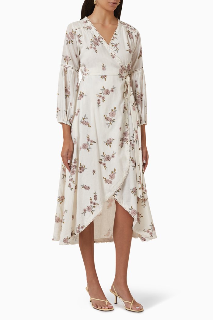 

Ikigai Floral -print Midi Wrap Dress in Cotton, White