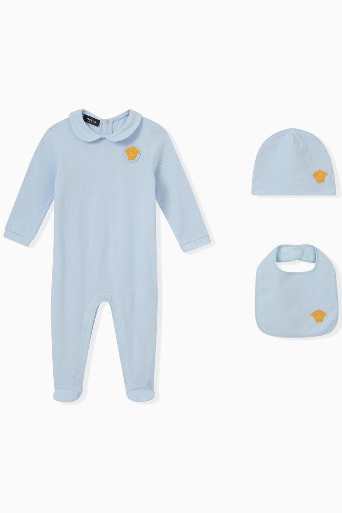 

Medusa Logo Sleepsuit, Bib & Hat Set in Cotton, Blue