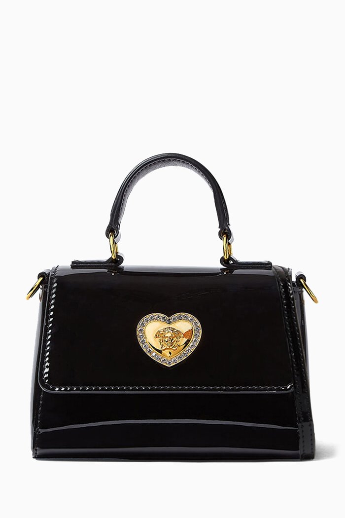 

Crystal Heart Medusa Crossbody Bag in Patent Leather, Black