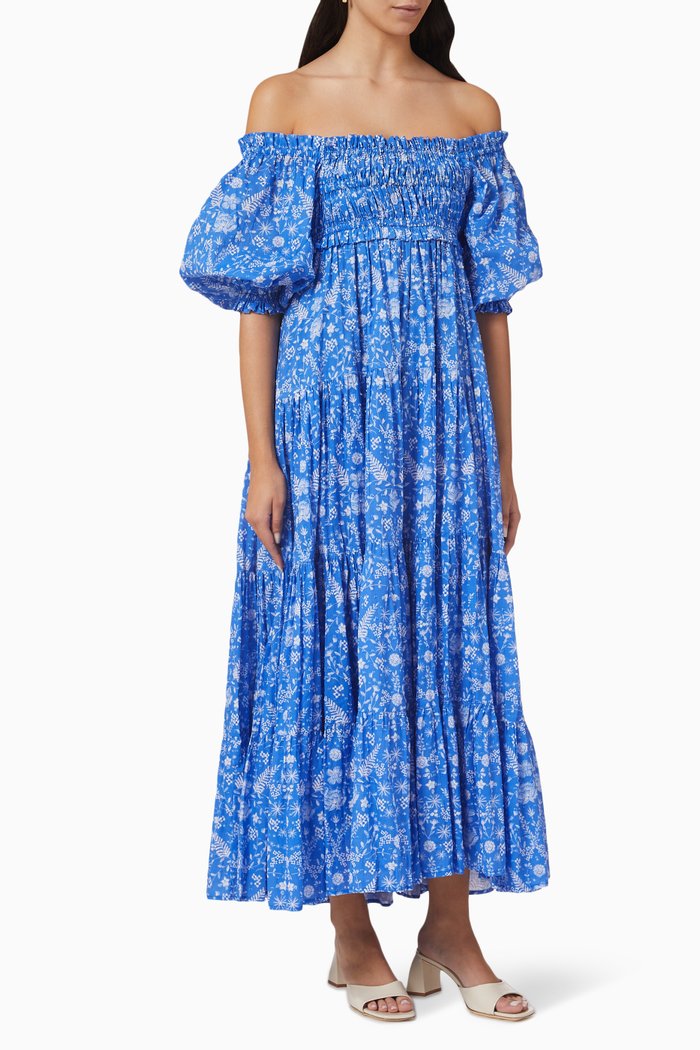

Fernanda Printed Off-shoulder Maxi Dress in Cotton, Blue