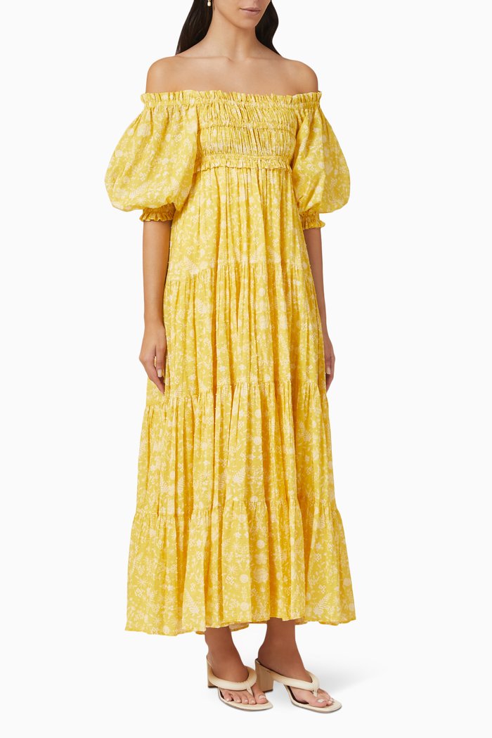 

Fernanda Printed Off-shoulder Maxi Dress in Cotton, Yellow