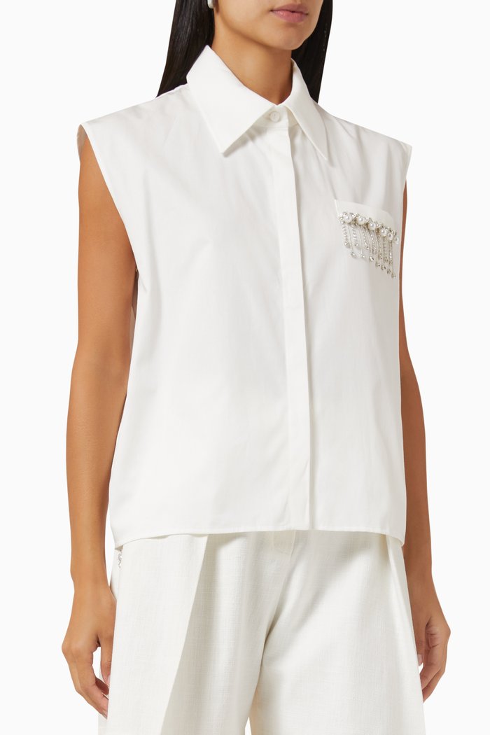 

Pearl-trim Sleeveless Shirt in Cotton, White