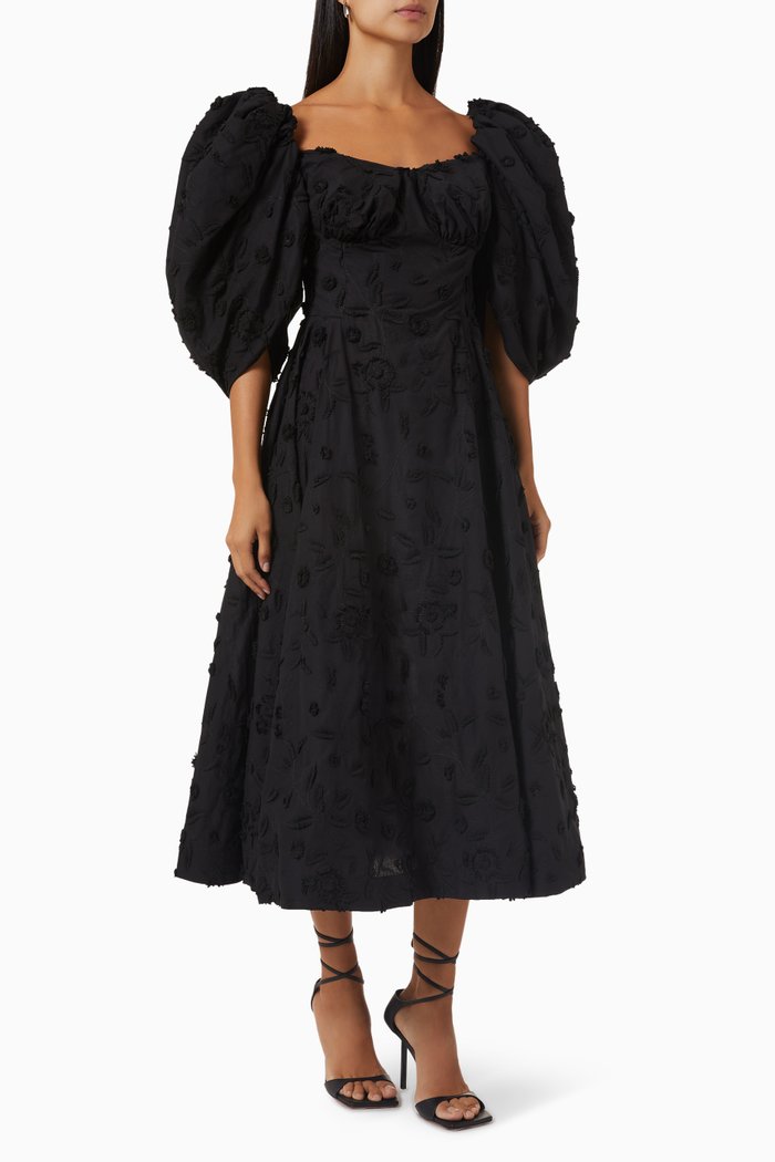 

Floral Puffed Midi Dress in Cotton, Black