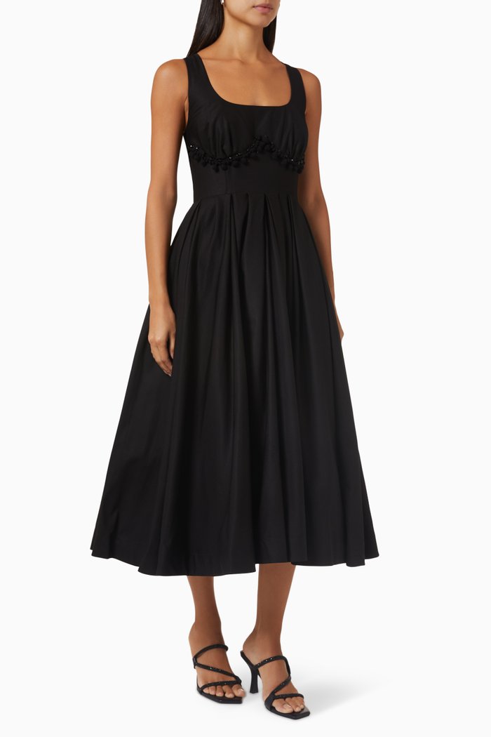 

Pom Pom Lace-back Midi Dress in Cotton, Black