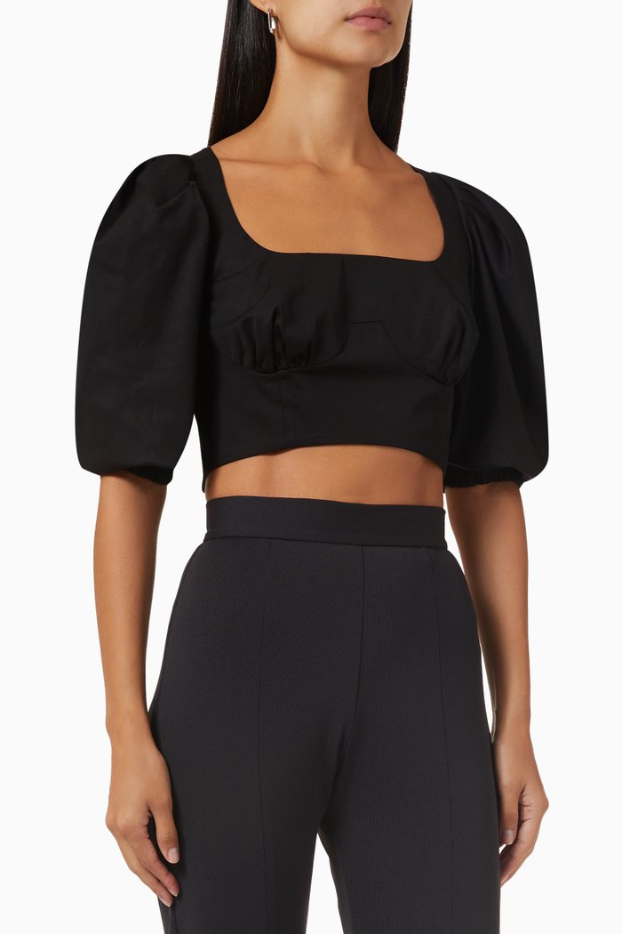 

Puff-sleeve Lace-back Crop Top in Cotton, Black