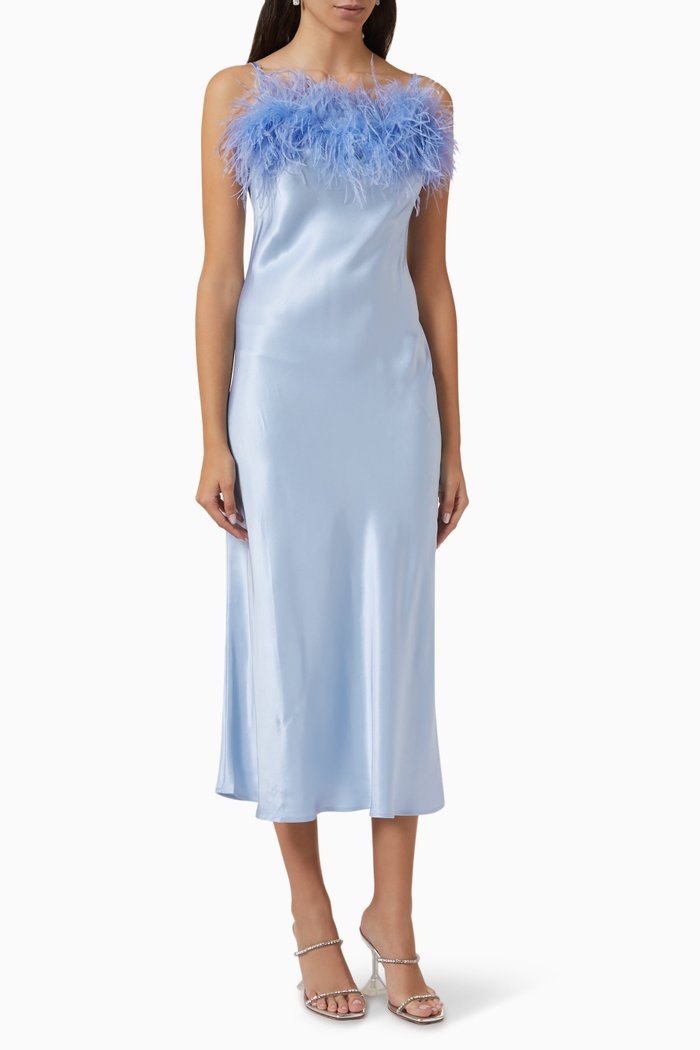 

Boheme Feather-trimmed Midi Slip Dress in Ecovero, Blue