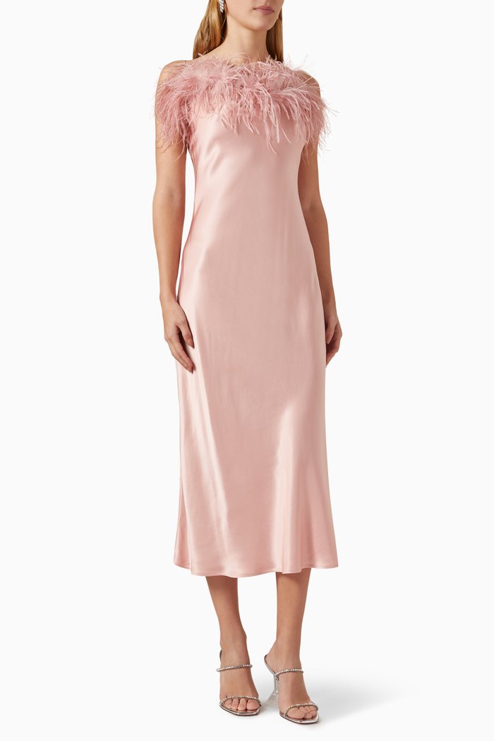 

Boheme Feather-trimmed Midi Slip Dress in Ecovero, Pink