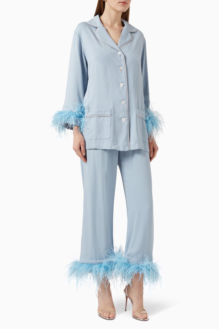 

Party Feather-trimmed Pyjama Set in Viscose, Blue