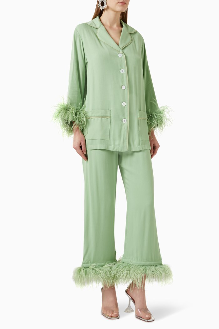 

Party Feather-trimmed Pyjama Set in Viscose, Green