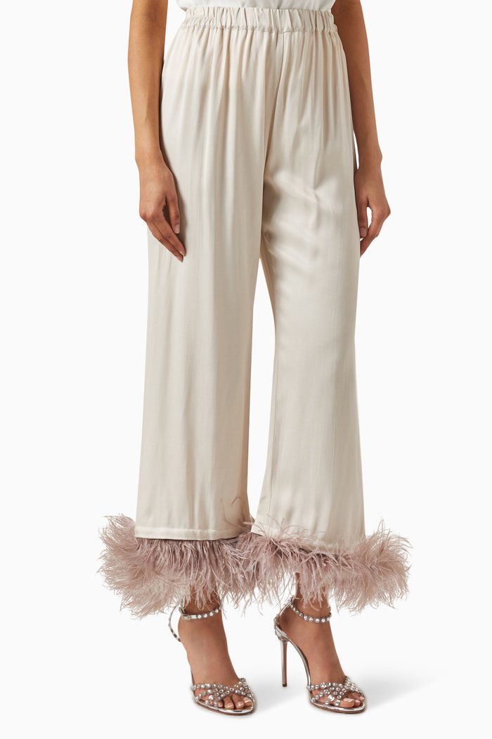 

Party Feather-trimmed Pyjama Pants in Viscose, Neutral