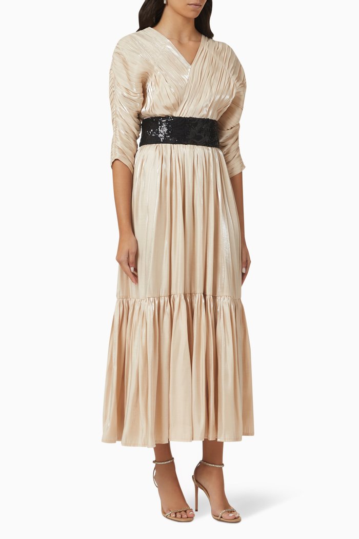 

Gathered Belted Maxi Dress, Neutral