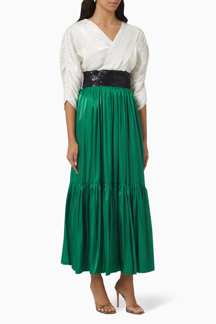 

Gathered Belted Maxi Dress, Green