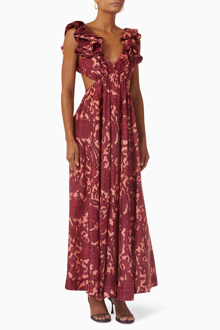 

Tiggy Frill Shoulder Maxi Dress in Silk, Pink