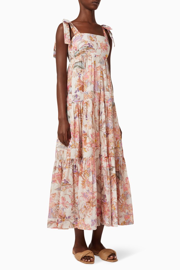 

Cira Tie Shoulder Midi Dress in Linen, Multicolour