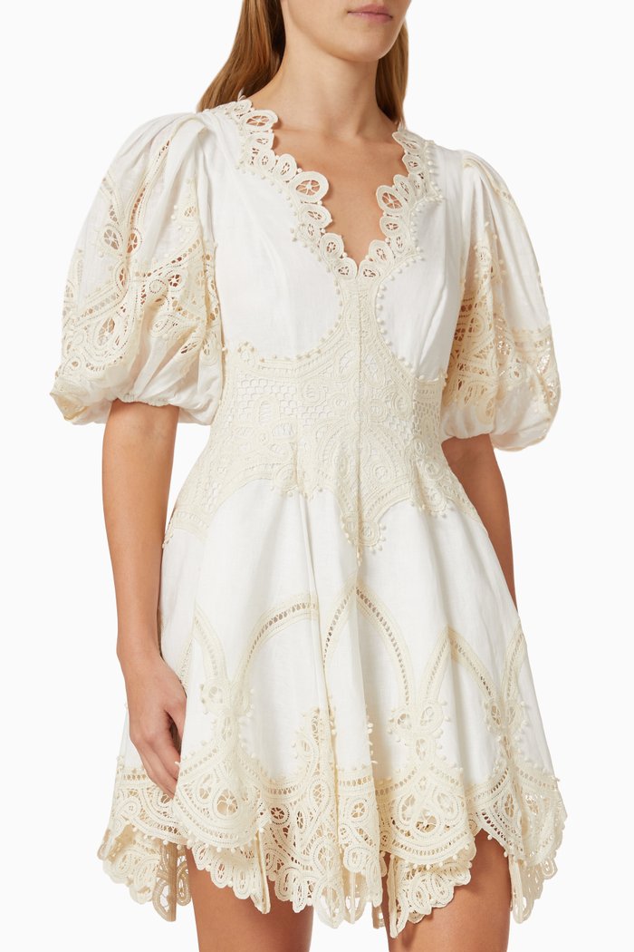 

Tiggy Embroidered Mini Dress in Linen, Neutral