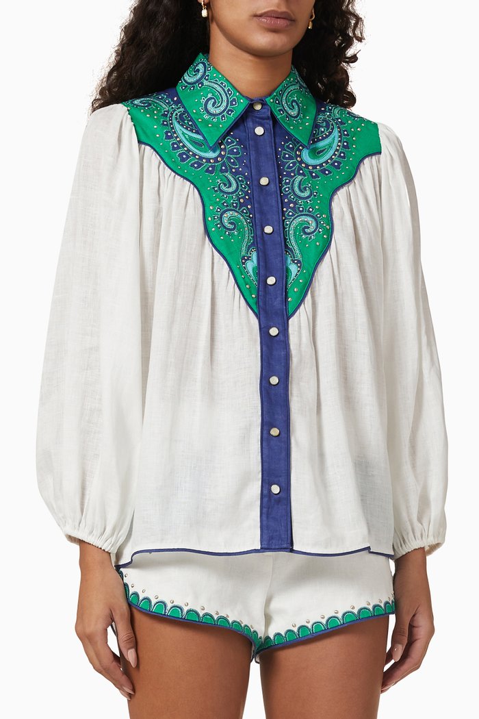 

Tiggy Applique Billow Blouse in Linen, Neutral
