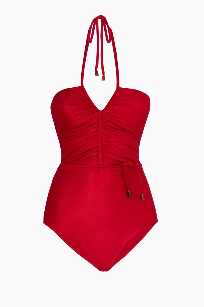 

Clover Ruched Halter One-piece Swimsuit in Lycra, Red