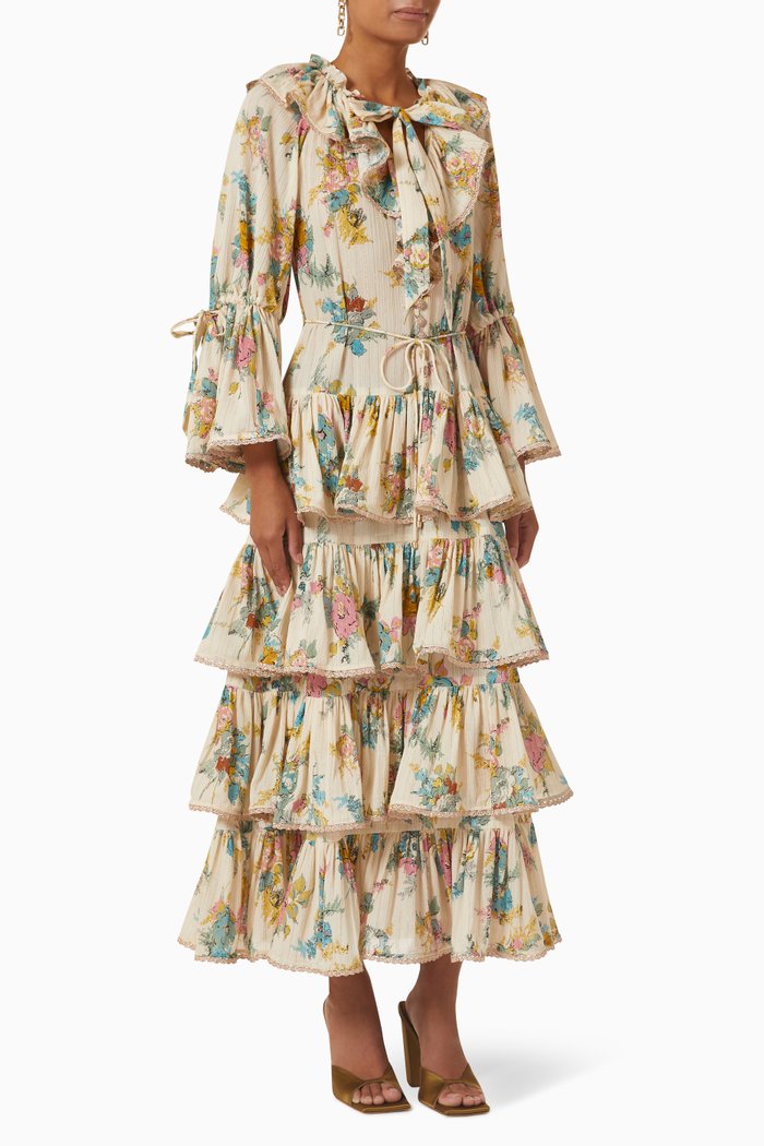 Clover Tiered Midi Dress in Cotton, Multicolour