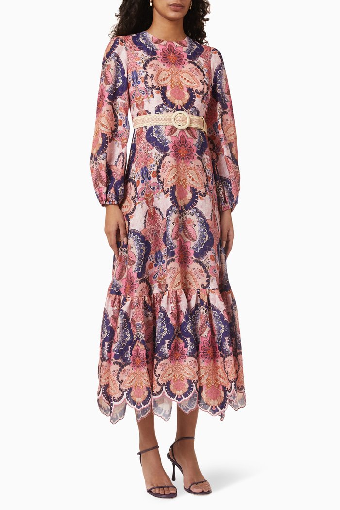 

Laurel Billow Emb Midi Dress in Linen, Multicolour