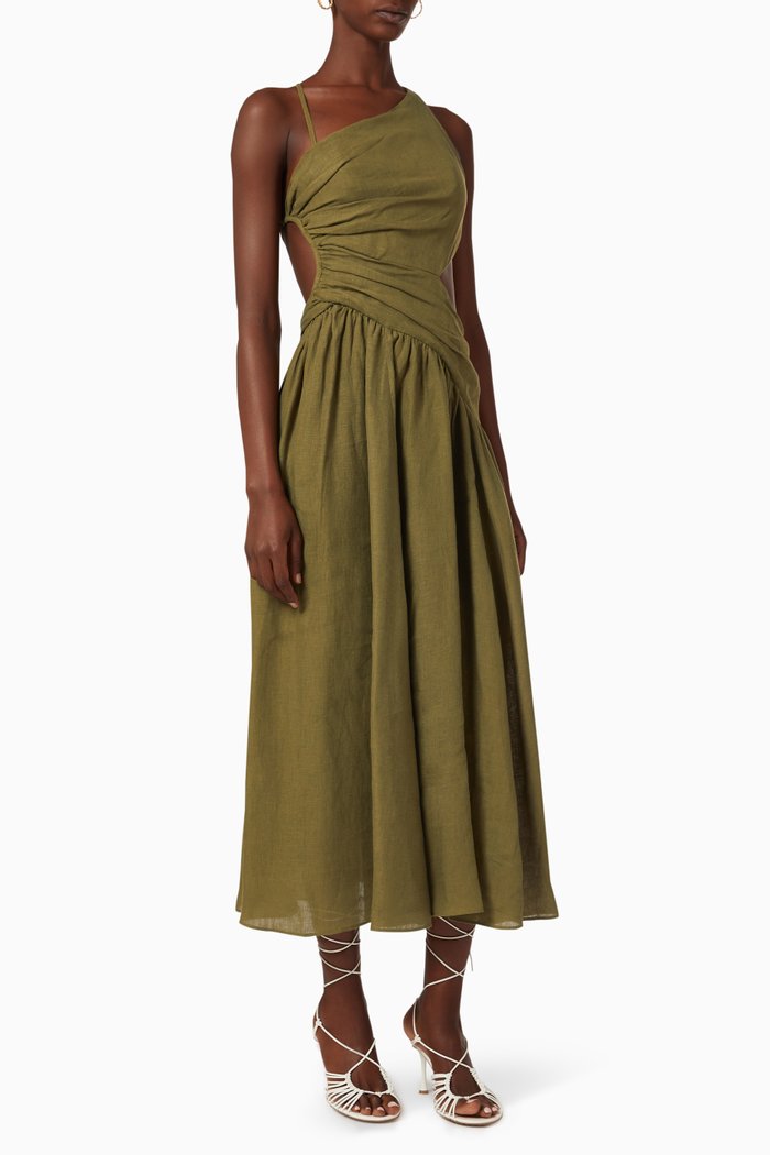 

Laurel Asymmetric Midi Dress in Linen, Green