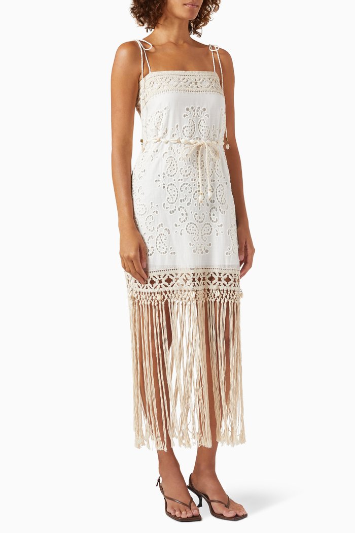 

Vitali Fringe-hem Mini Dress in Cotton, Neutral