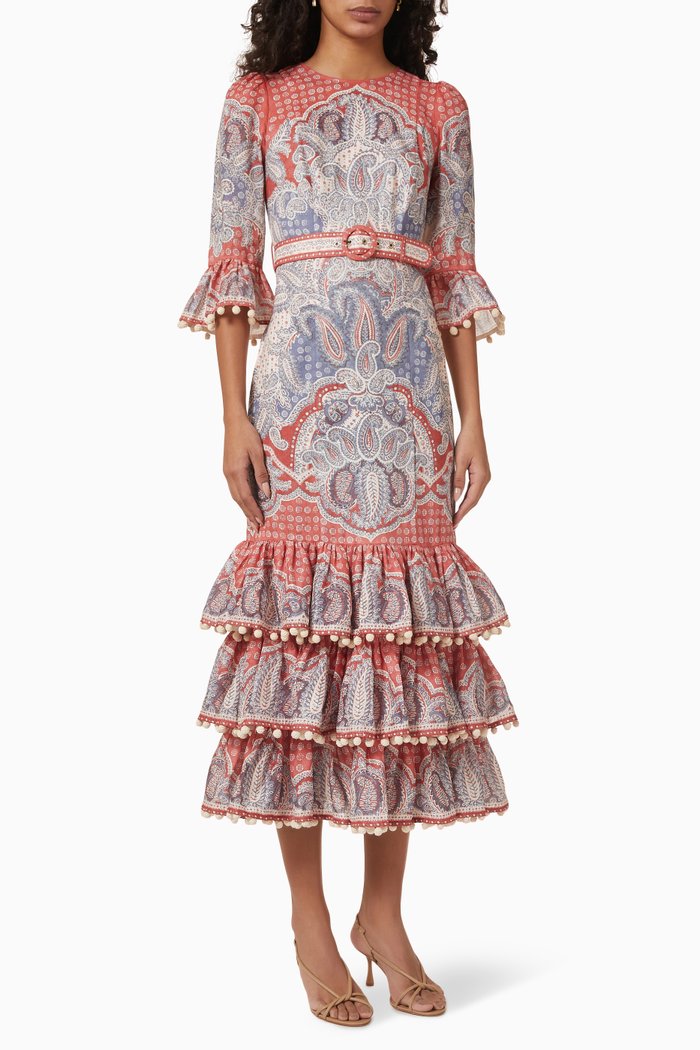 

Vitali Tiered Hem Midi Dress in Linen, Multicolour