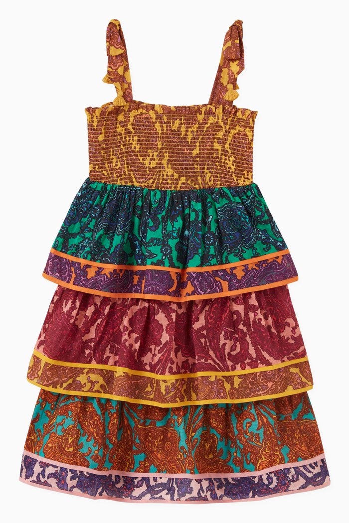 

Tiggy Shirred Tiered Dress in Cotton, Multicolour