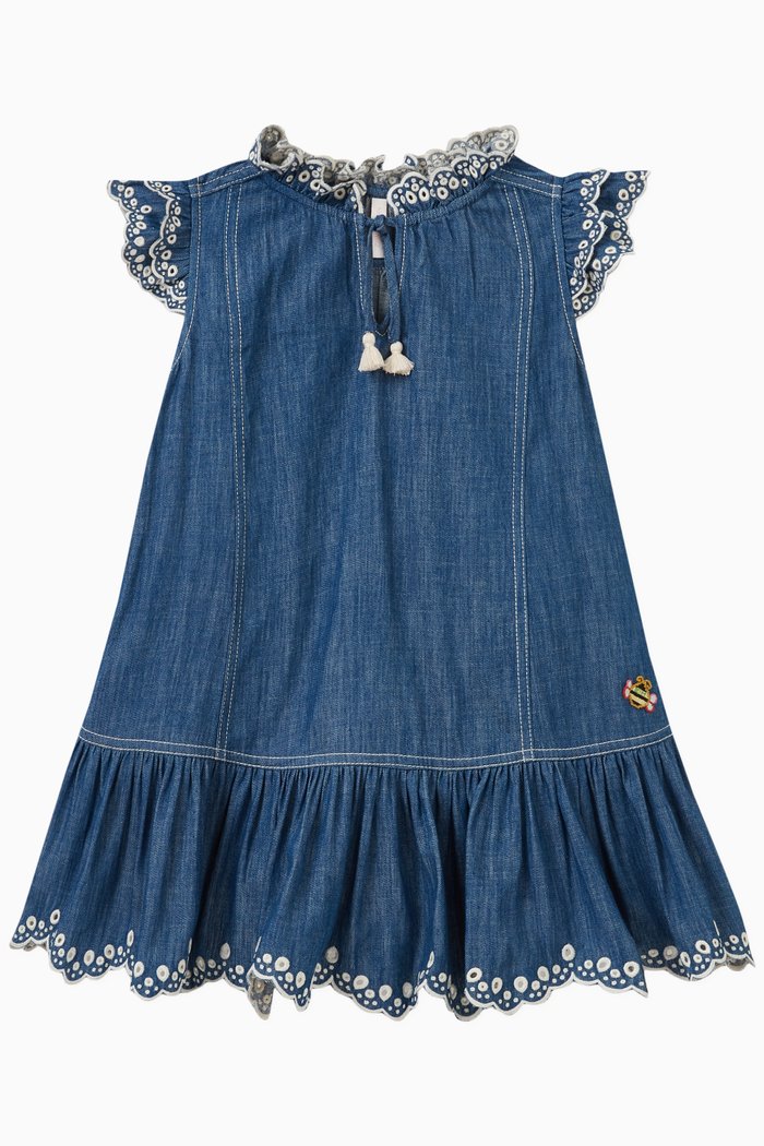 

Scalloped Denim Dress in Cotton, Blue